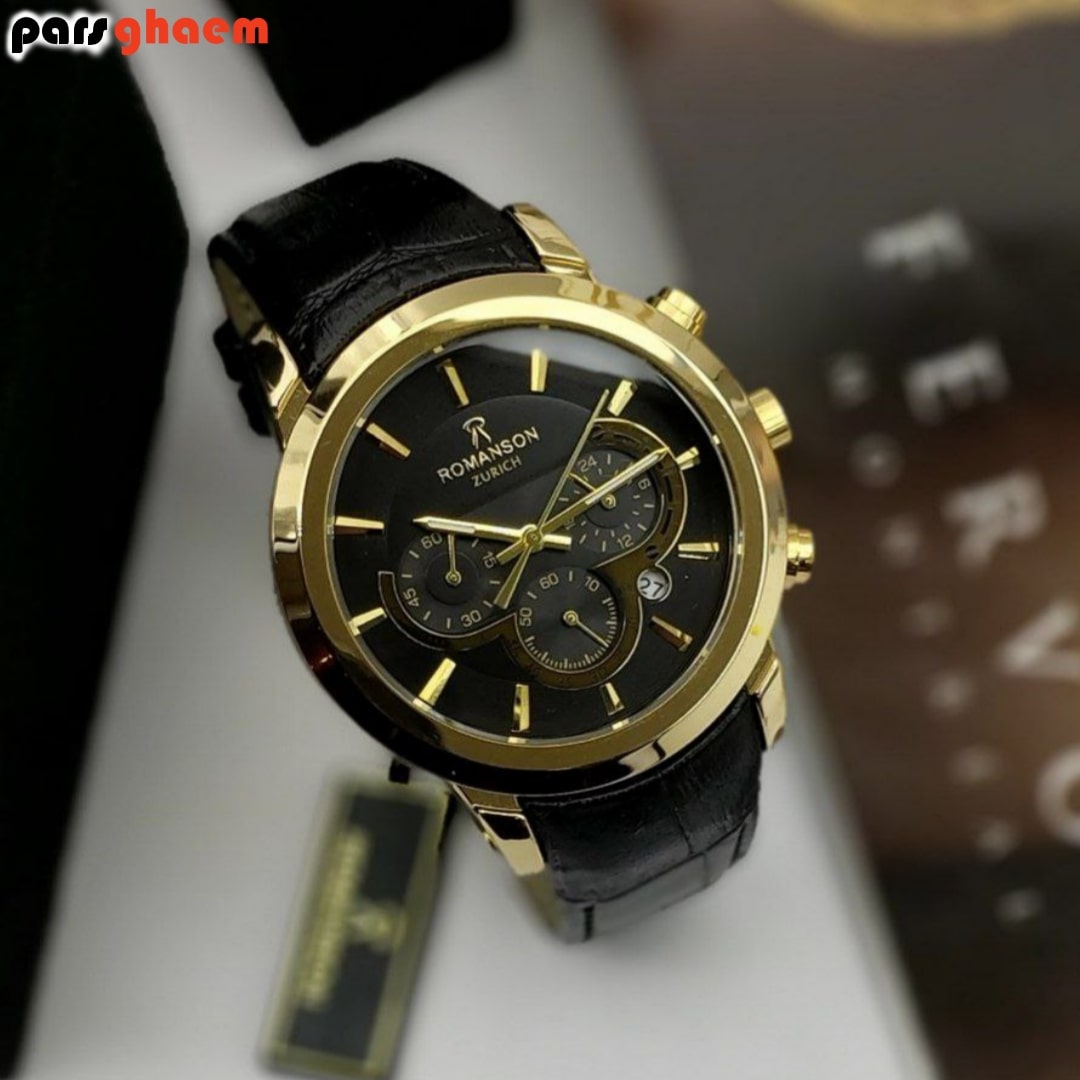 ساعت مچی مردانه رومانسون زوریخ سه موتوره مشکی قاب طلایی - تصویر 3