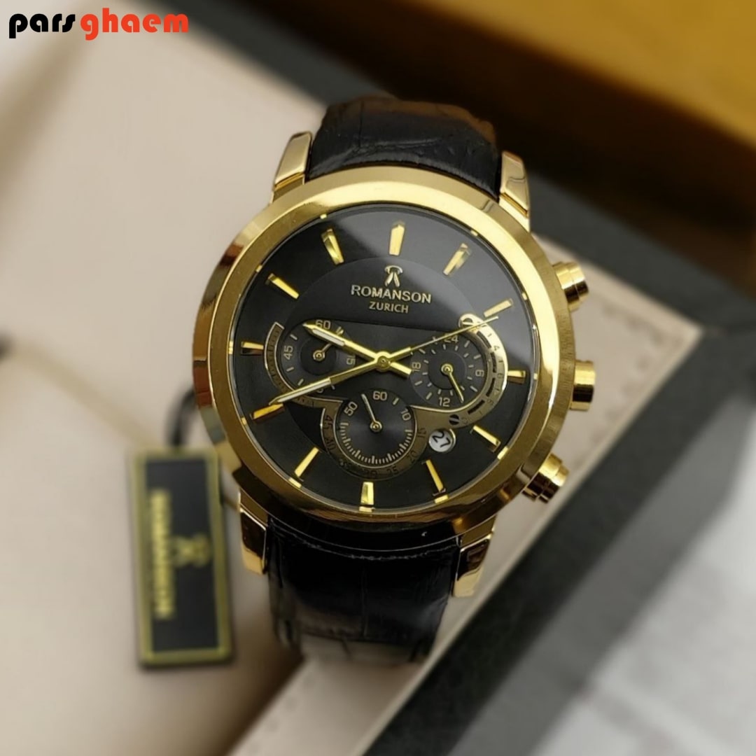 ساعت مچی مردانه رومانسون زوریخ سه موتوره مشکی قاب طلایی - تصویر 2